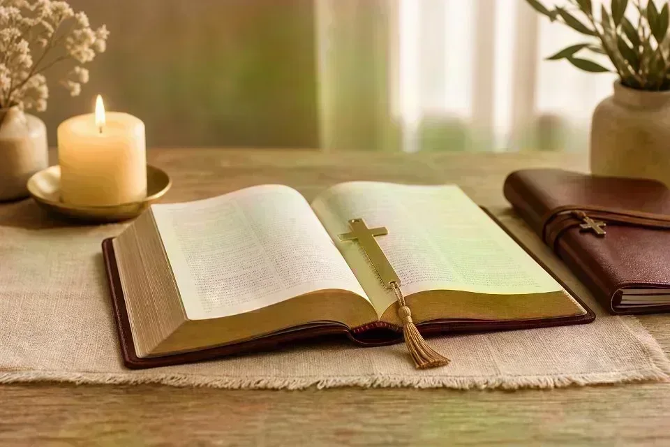 Open Bible, prayer journal, and warm devotional desk setting for bibleverse