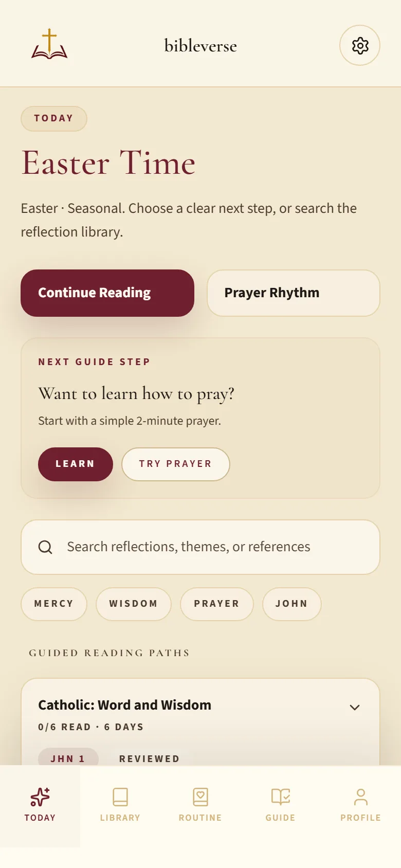 bibleverse Today screen with scripture and prayer actions